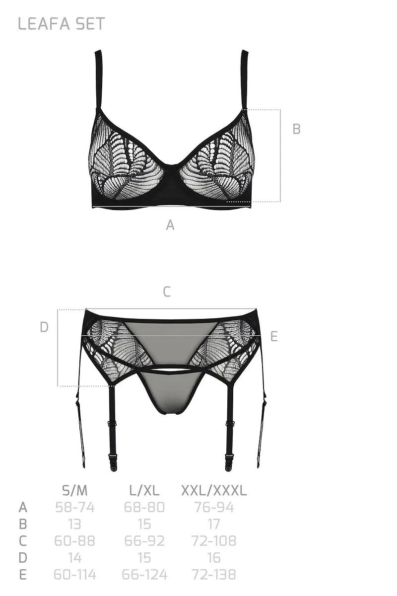 Комплект Passion LEAFA SET black S/M, мереживо+сітка, бюстгальтер на кісточках, стрінги, пояс для панчіх