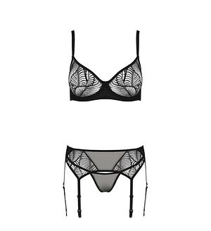 Комплект Passion LEAFA SET black S/M, мереживо+сітка, бюстгальтер на кісточках, стрінги, пояс для панчіх