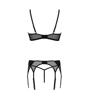 Комплект Passion LEAFA SET black S/M, мереживо+сітка, бюстгальтер на кісточках, стрінги, пояс для панчіх