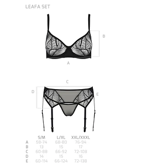 Комплект Passion LEAFA SET black S/M, мереживо+сітка, бюстгальтер на кісточках, стрінги, пояс для панчіх