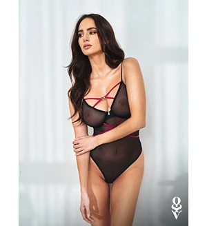 Боді Obsessive Novenes teddy, , прозоре, чашки на кісточках, декор у вигляді стрічок