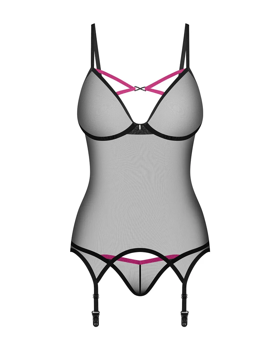 Корсет Obsessive Novenes corset & thong, , прозорий, відкрита спина, стрінги в комплекті