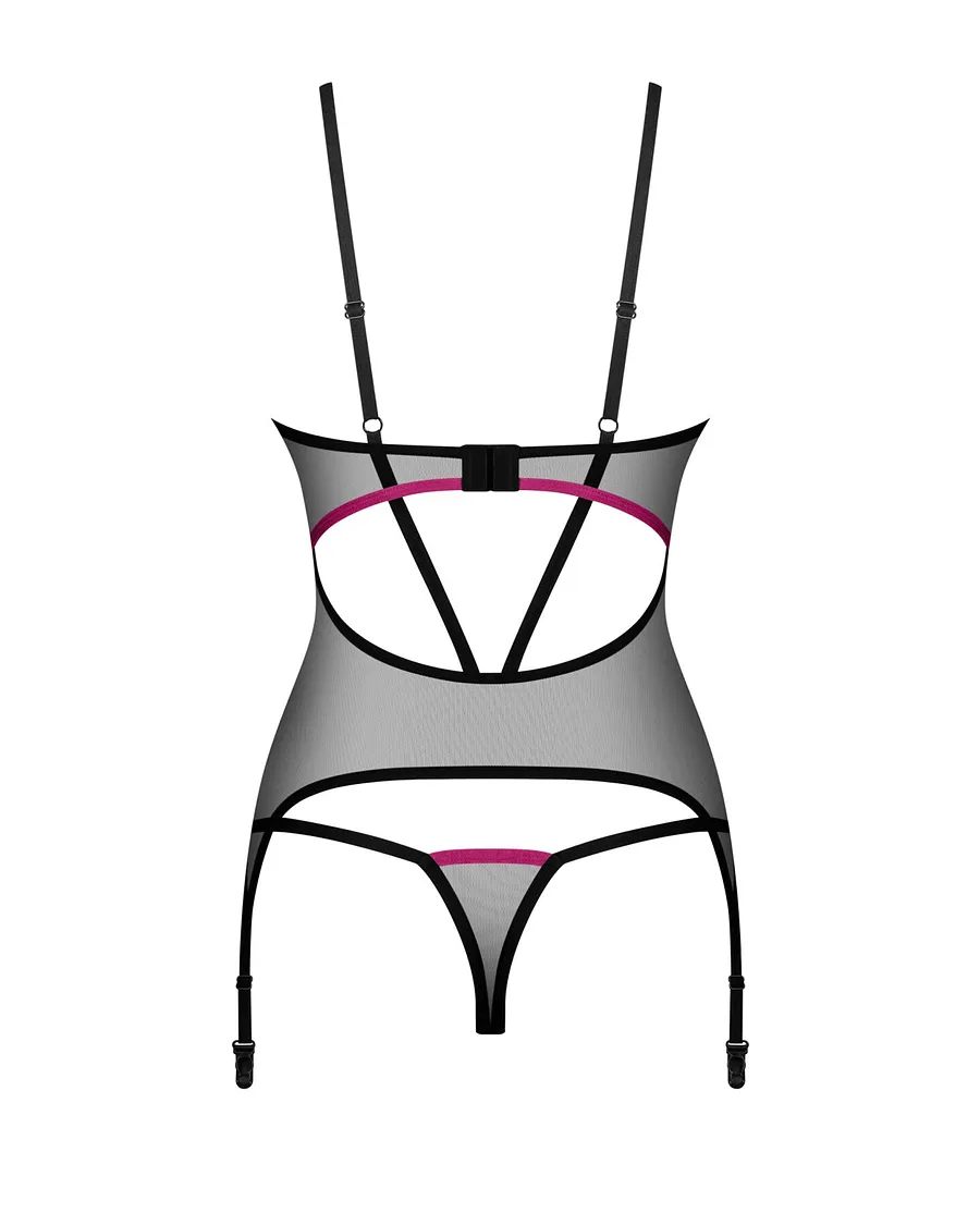 Корсет Obsessive Novenes corset & thong, , прозорий, відкрита спина, стрінги в комплекті