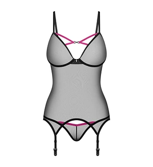 Корсет Obsessive Novenes corset & thong, , прозорий, відкрита спина, стрінги в комплекті