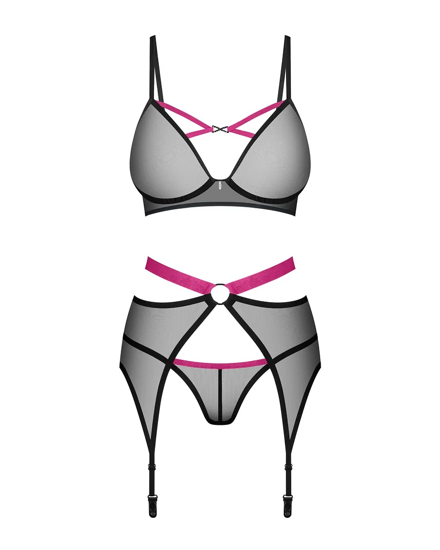 Комплект Obsessive Novenes 3-pcs set, , прозорий ліф на кісточках, стрінги, пояс