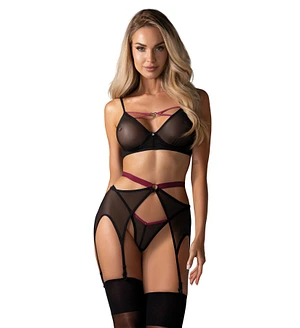 Комплект Obsessive Novenes 3-pcs set, , прозорий ліф на кісточках, стрінги, пояс