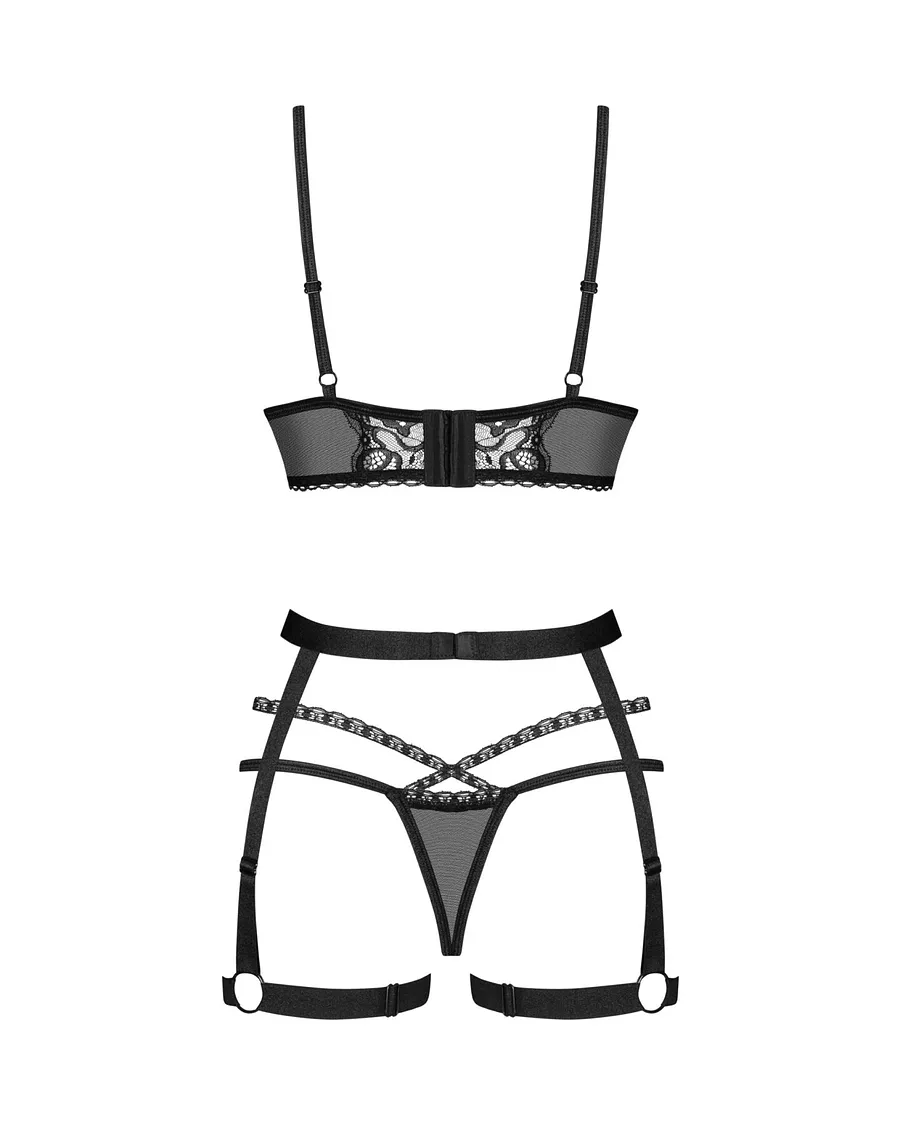 Комплект Obsessive Blomentis 3-pcs set, , м’який ліф, стрінги зі стрепами, пояс із гартерами