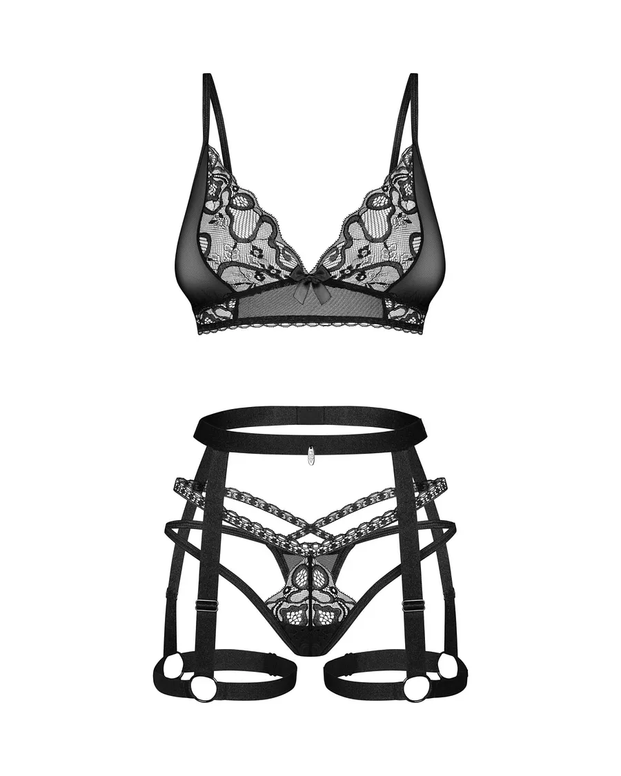 Комплект Obsessive Blomentis 3-pcs set, XL/2XL, м’який ліф, стрінги зі стрепами, пояс із гартерами
