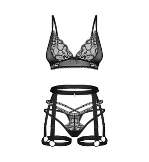 Комплект Obsessive Blomentis 3-pcs set, XL/2XL, м’який ліф, стрінги зі стрепами, пояс із гартерами