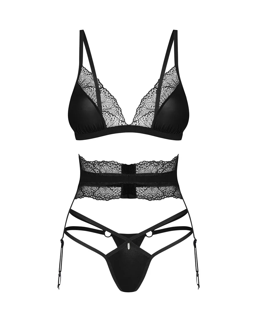 Комплект Obsessive Lobellis 3-pcs set, XL/2XL, чорний, ліф з м’якою чашкою, стрінги, пояс для панчіх