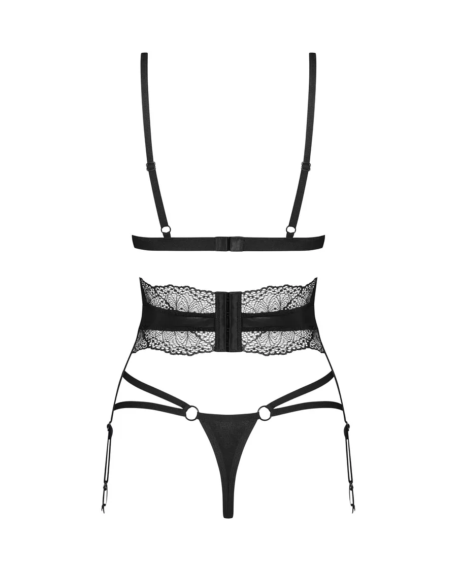 Комплект Obsessive Lobellis 3-pcs set, XL/2XL, чорний, ліф з м’якою чашкою, стрінги, пояс для панчіх