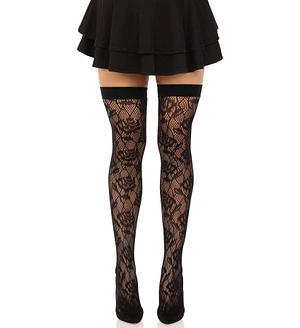 Панчохи Leg Avenue Wild rose net thigh highs, One Size, чорні, широка резинка, малюнок-троянди