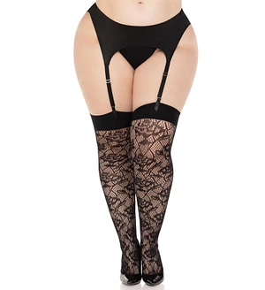 Панчохи Leg Avenue Wild rose net thigh highs, 1X/2X, чорні, широка резинка, малюнок-троянди