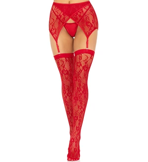 Комплект Leg Avenue Lace thigh highs & garterbelt, One Size, червоний, панчохи та пояс з пажами