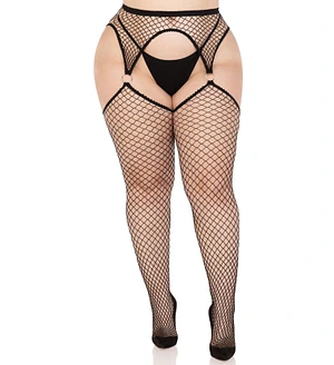 Панчохи Leg Avenue Stokings with O-ring Attached Garter Belt, 1X/2X, чорні, у сітку, імітація пояса