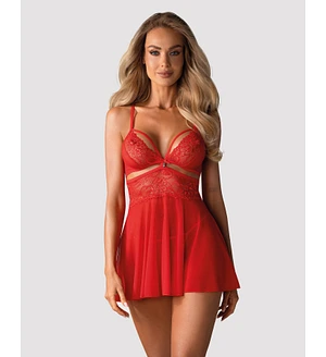 Бебі-дол Obsessive 838-BAB-3 babydoll & thong, 2XL/3XL, червоний, мереживний ліф, стрінги в комплекті