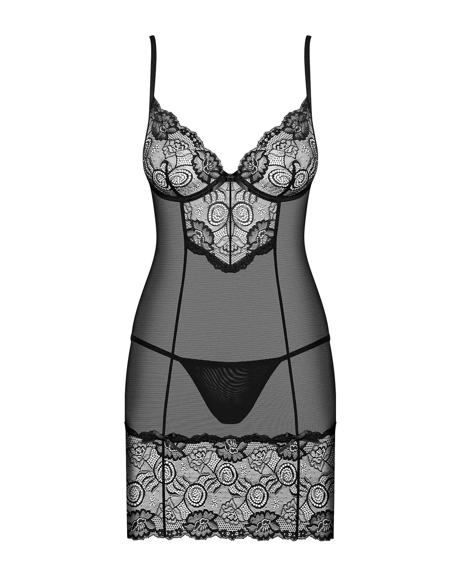 Сорочка Obsessive Alluria chemise & thong, , чорна, мереживо+мікросітка, стрінги в комплекті