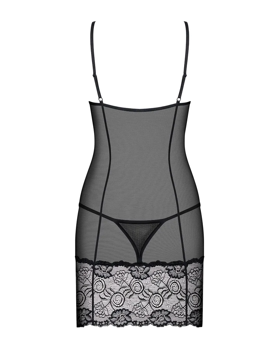 Сорочка Obsessive Alluria chemise & thong, , чорна, мереживо+мікросітка, стрінги в комплекті