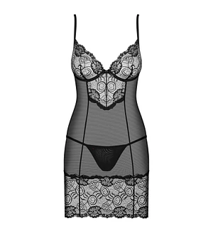 Сорочка Obsessive Alluria chemise & thong, , чорна, мереживо+мікросітка, стрінги в комплекті
