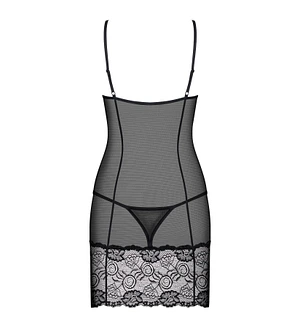 Сорочка Obsessive Alluria chemise & thong, , чорна, мереживо+мікросітка, стрінги в комплекті