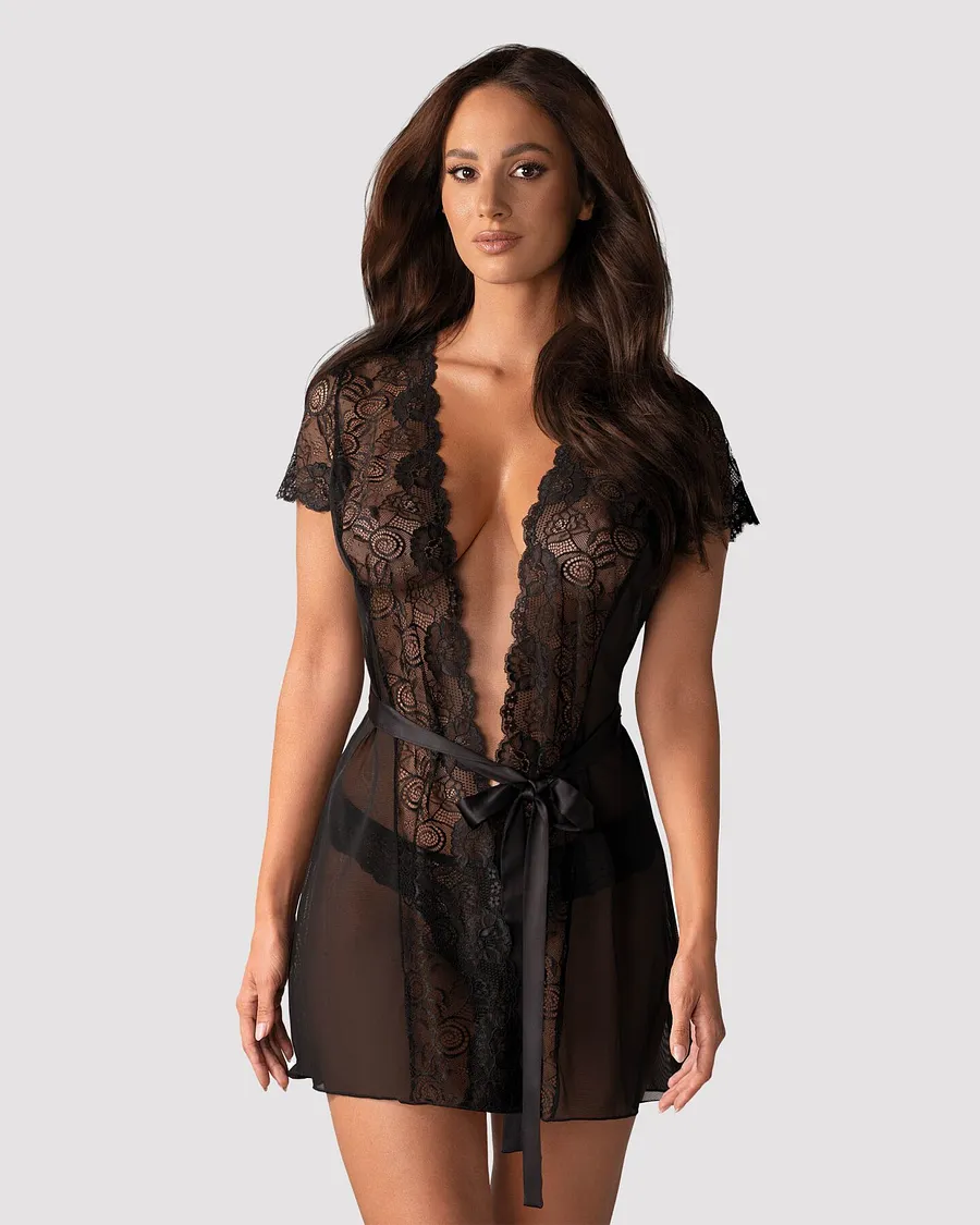 Пеньюар Obsessive Alluria peignoir & thong, , прозорий, з мереживом, пояс, трусики в комплекті