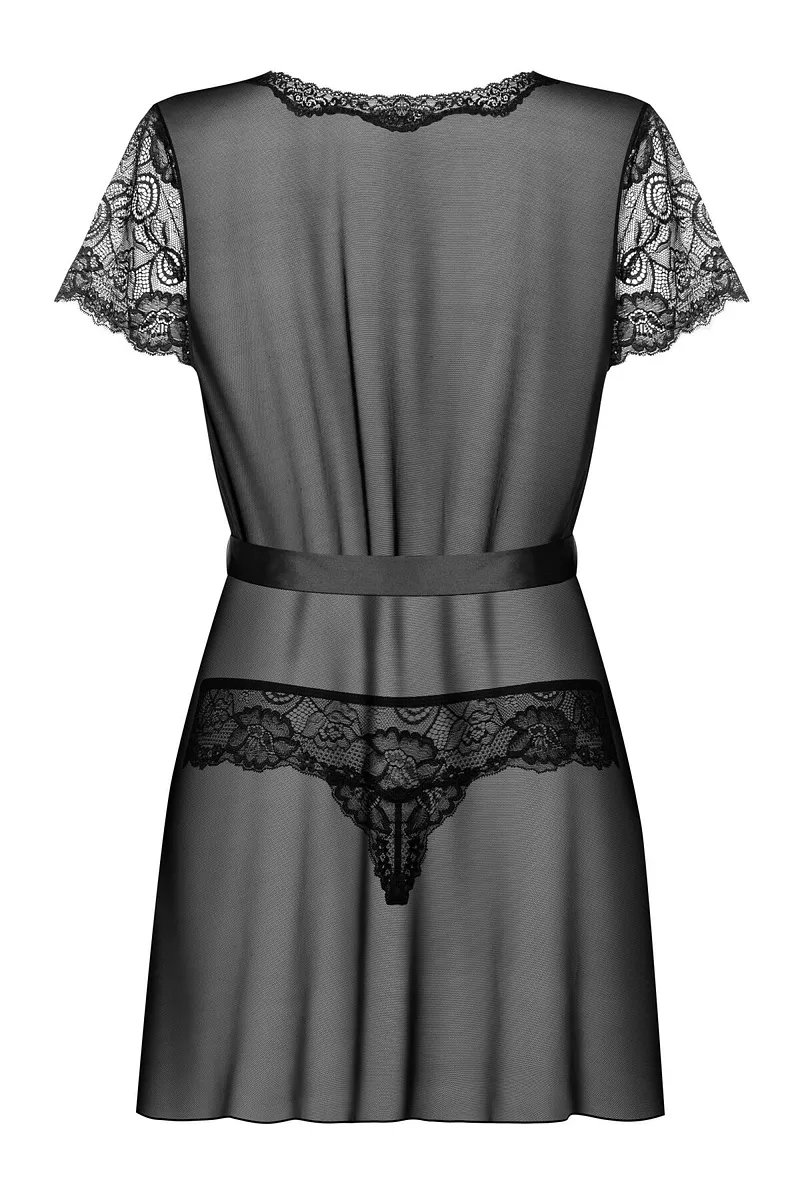 Пеньюар Obsessive Alluria peignoir & thong, , прозорий, з мереживом, пояс, трусики в комплекті