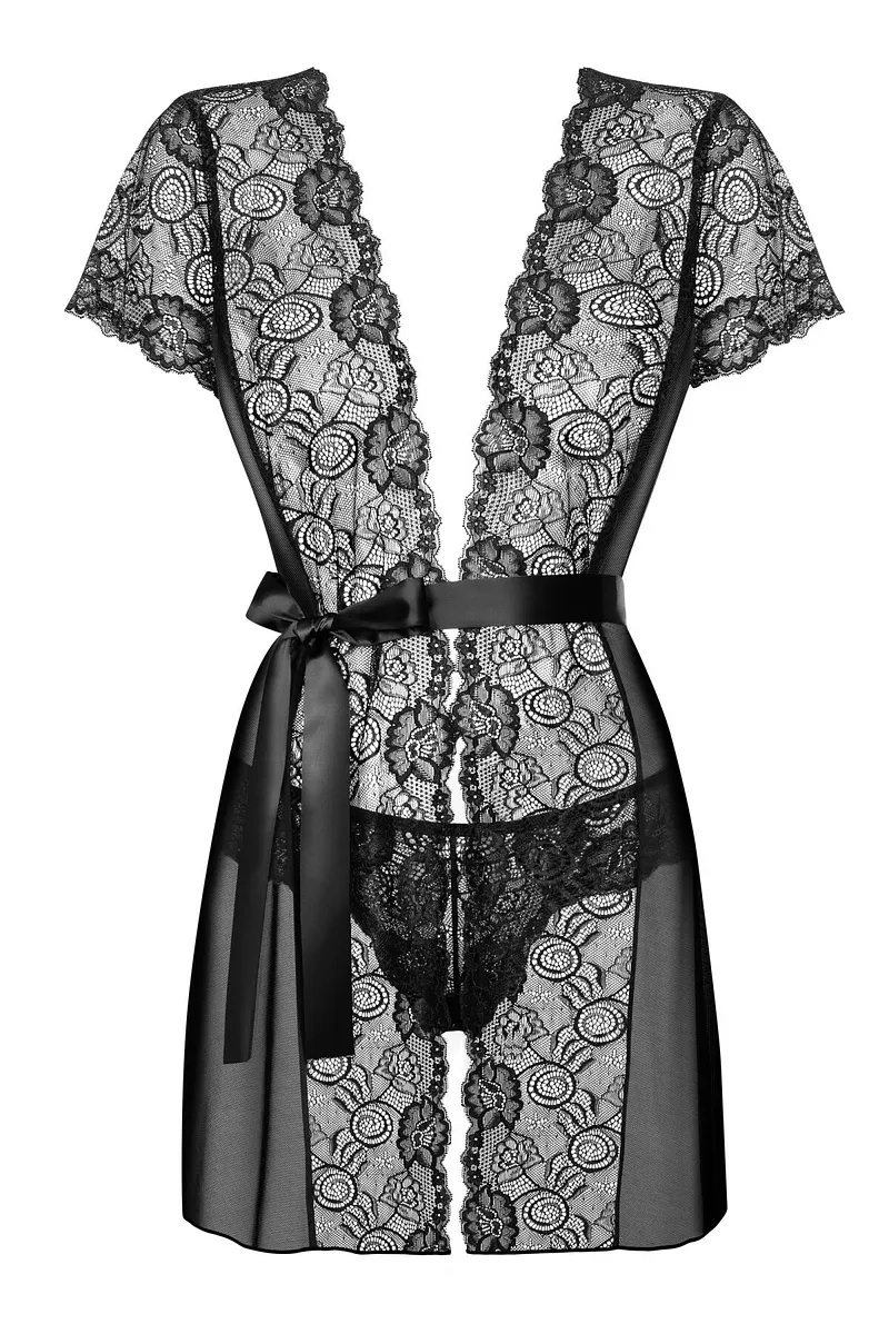 Пеньюар Obsessive Alluria peignoir & thong, , прозорий, з мереживом, пояс, трусики в комплекті