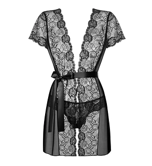 Пеньюар Obsessive Alluria peignoir & thong, , прозорий, з мереживом, пояс, трусики в комплекті