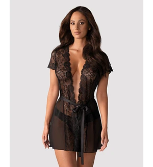 Пеньюар Obsessive Alluria peignoir & thong, , прозорий, з мереживом, пояс, трусики в комплекті