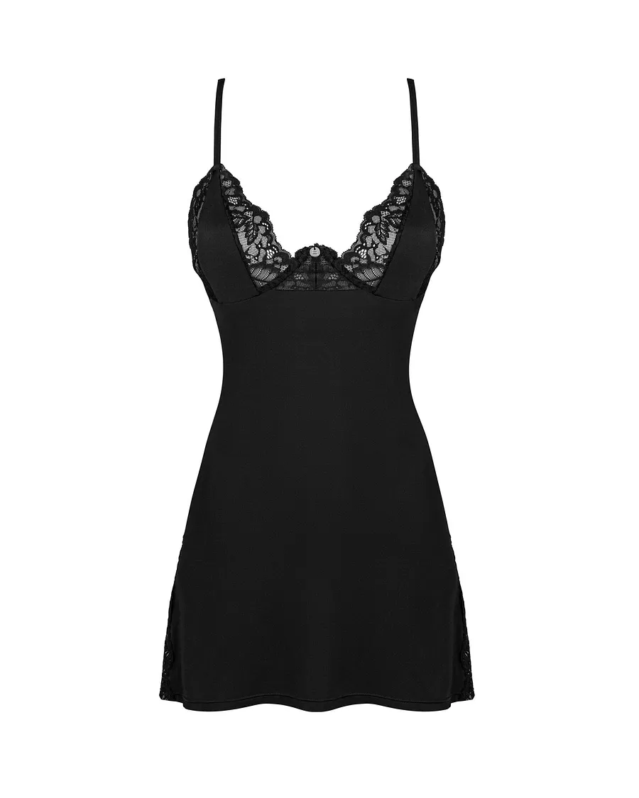 Сорочка Obsessive Bellastia chemise & thong, , непрозора, фігурне декольте, стрінги в наборі