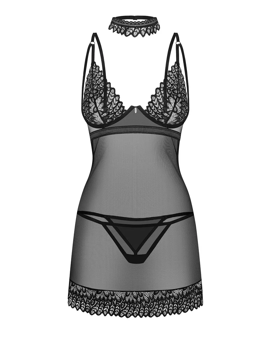 Сорочка Obsessive Donarella chemise & thong, , мереживний ліф, чокер та стрінги в комплекті