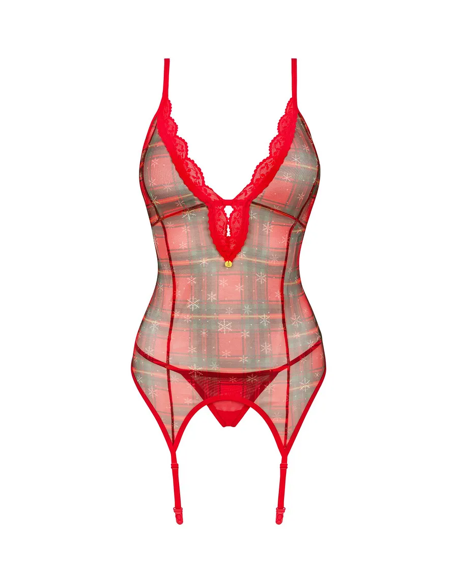 Корсет Obsessive Jollymore corset, , у клітинку, з мереживом, пажі для панчіх, стрінги в комплекті