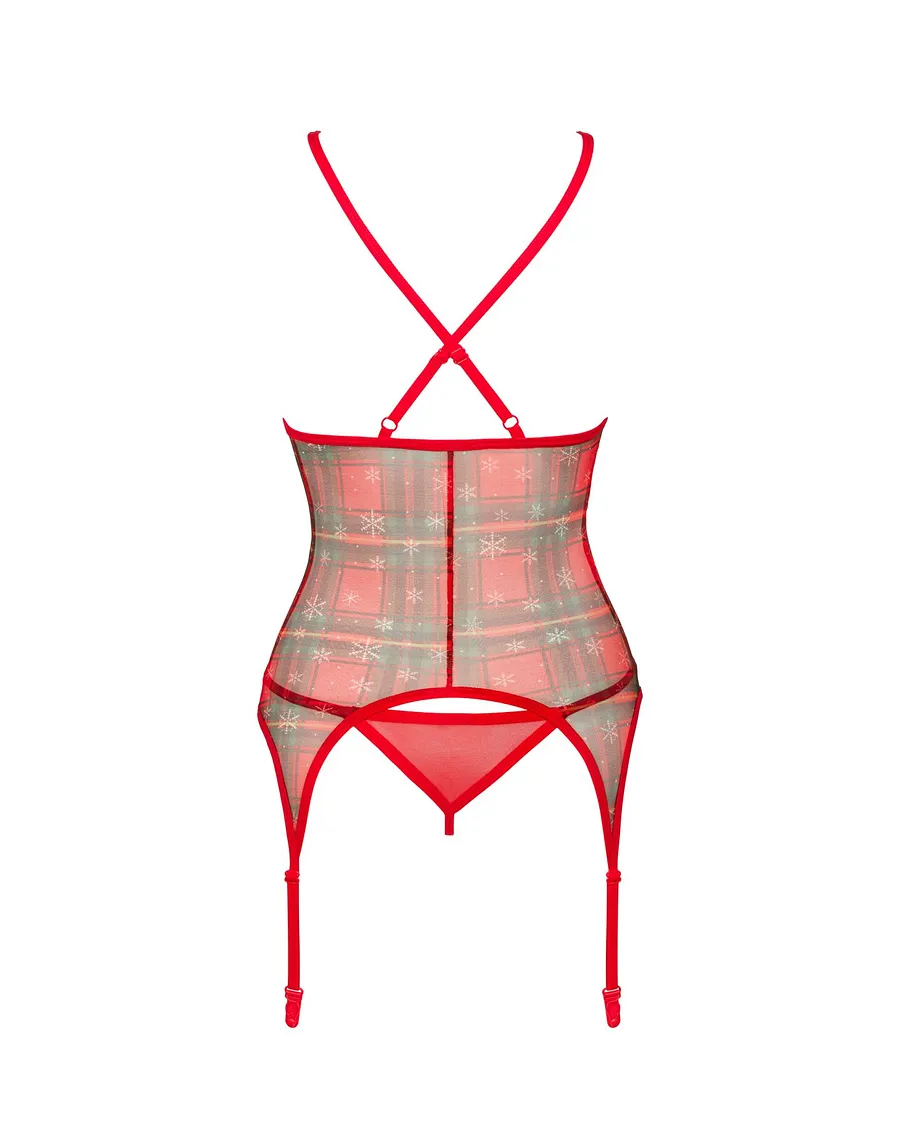 Корсет Obsessive Jollymore corset, , у клітинку, з мереживом, пажі для панчіх, стрінги в комплекті