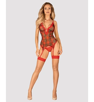 Корсет Obsessive Jollymore corset, , у клітинку, з мереживом, пажі для панчіх, стрінги в комплекті