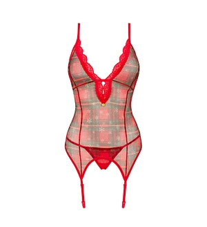 Корсет Obsessive Jollymore corset, , у клітинку, з мереживом, пажі для панчіх, стрінги в комплекті