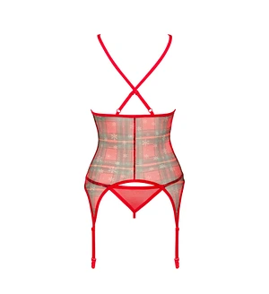 Корсет Obsessive Jollymore corset, , у клітинку, з мереживом, пажі для панчіх, стрінги в комплекті