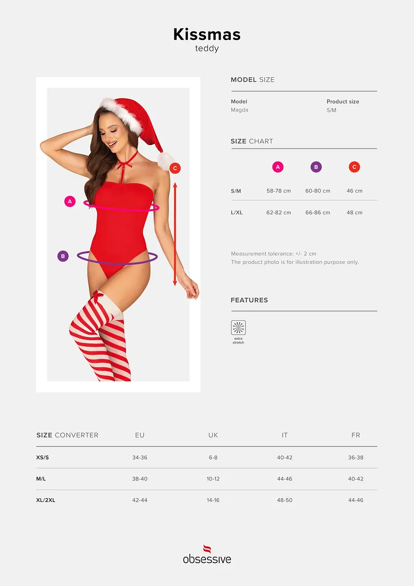 Тедді Obsessive Kissmas teddy, , червоне, без бретелей, чокер, панчохи та шапка з помпоном у наборі