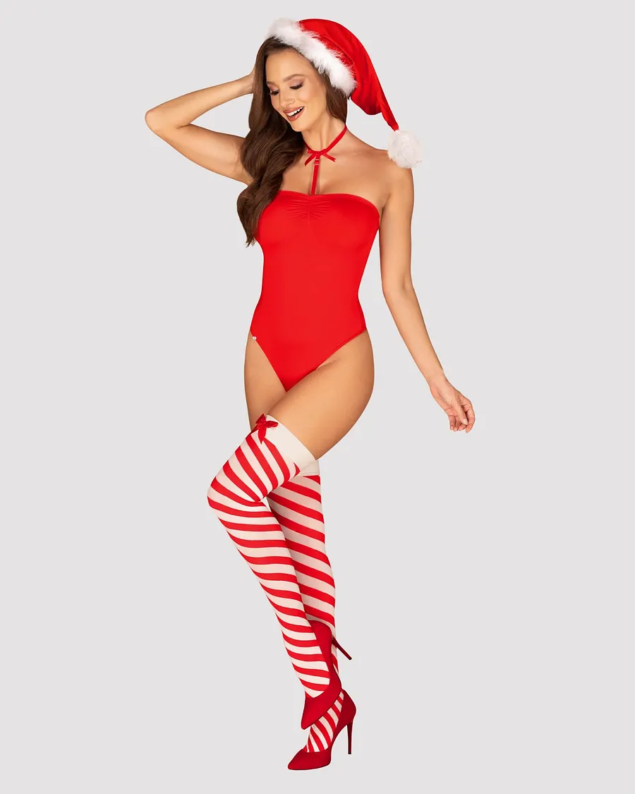Тедді Obsessive Kissmas teddy, , червоне, без бретелей, чокер, панчохи та шапка з помпоном у наборі