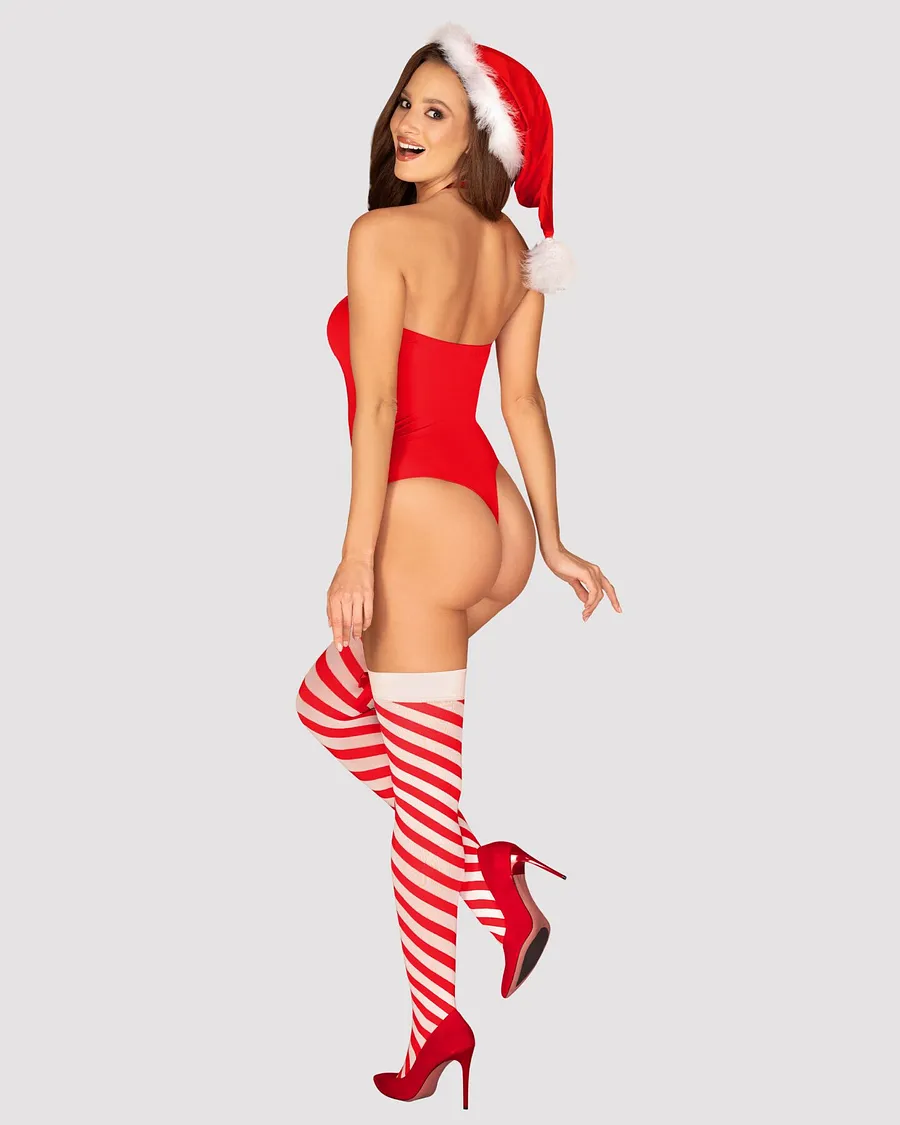 Тедді Obsessive Kissmas teddy, , червоне, без бретелей, чокер, панчохи та шапка з помпоном у наборі