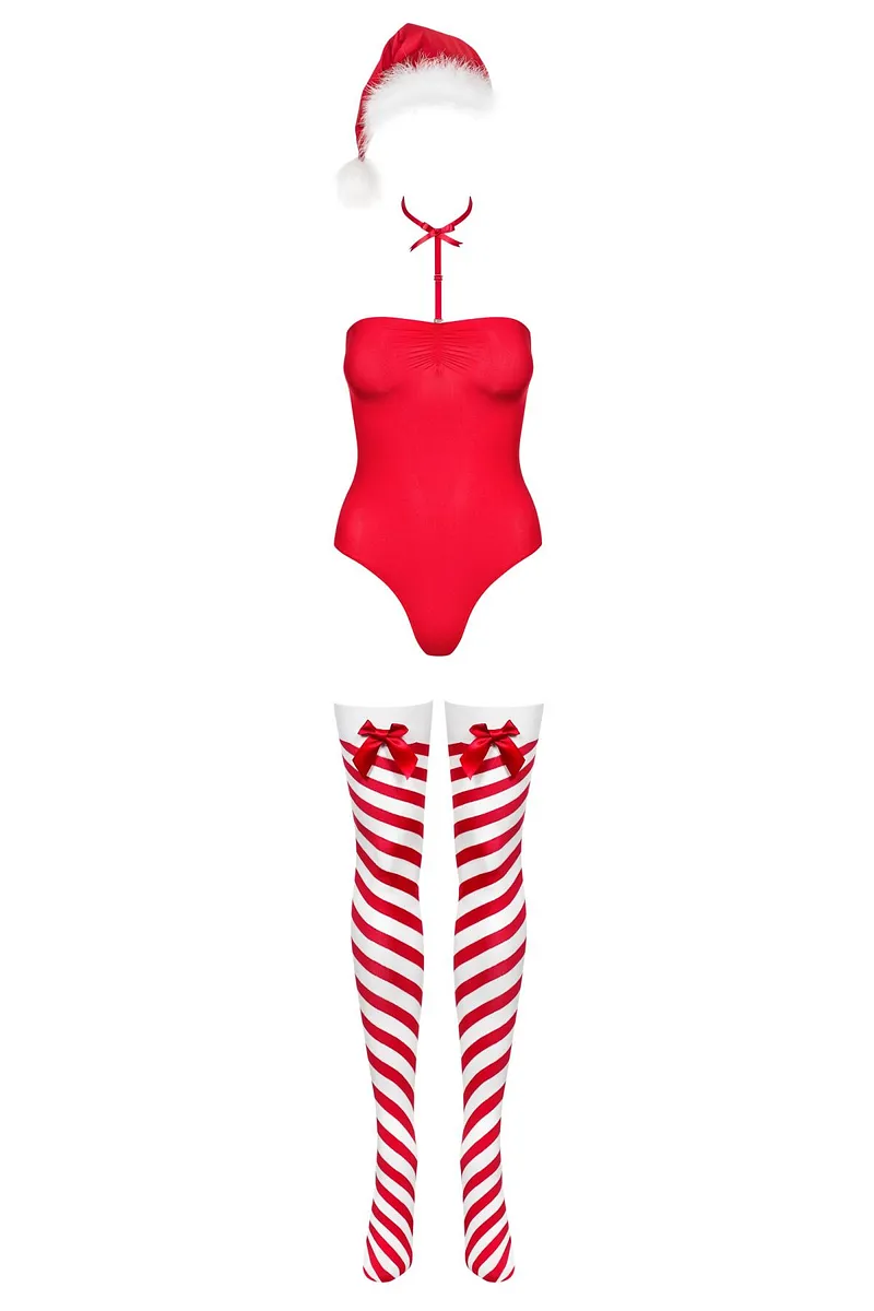 Тедді Obsessive Kissmas teddy, , червоне, без бретелей, чокер, панчохи та шапка з помпоном у наборі