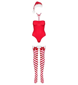 Тедді Obsessive Kissmas teddy, , червоне, без бретелей, чокер, панчохи та шапка з помпоном у наборі