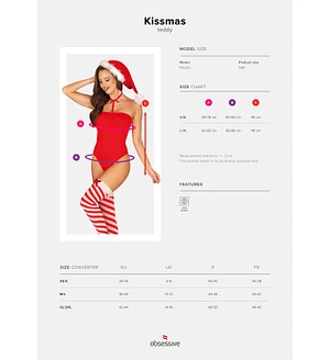 Тедді Obsessive Kissmas teddy, , червоне, без бретелей, чокер, панчохи та шапка з помпоном у наборі