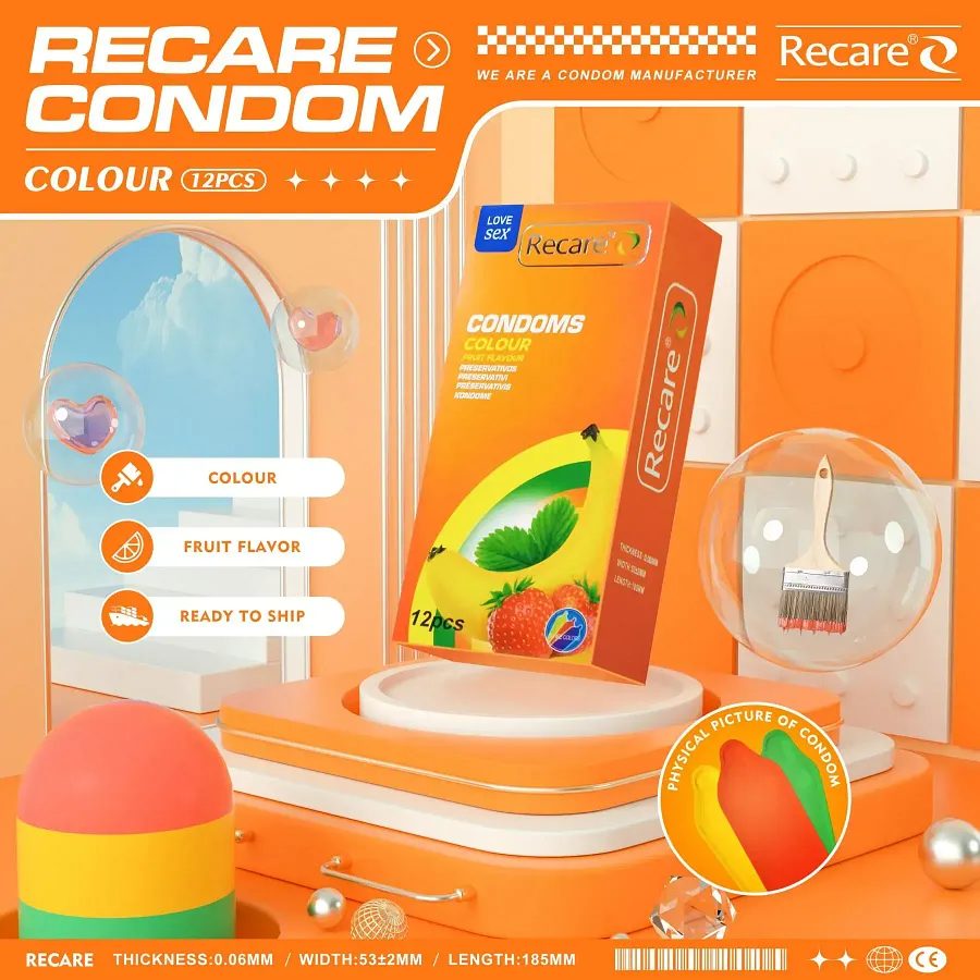 Презервативи Recare Color Fruit Flavour Condoms 12 шт, аромати: м'ята, банан, полуниця