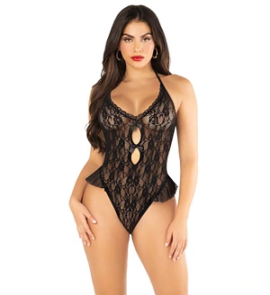 Боді з відкритою спиною та рюшами на стегнах Leg Avenue Lace Floral Lace Halter Teddy One Size, Black