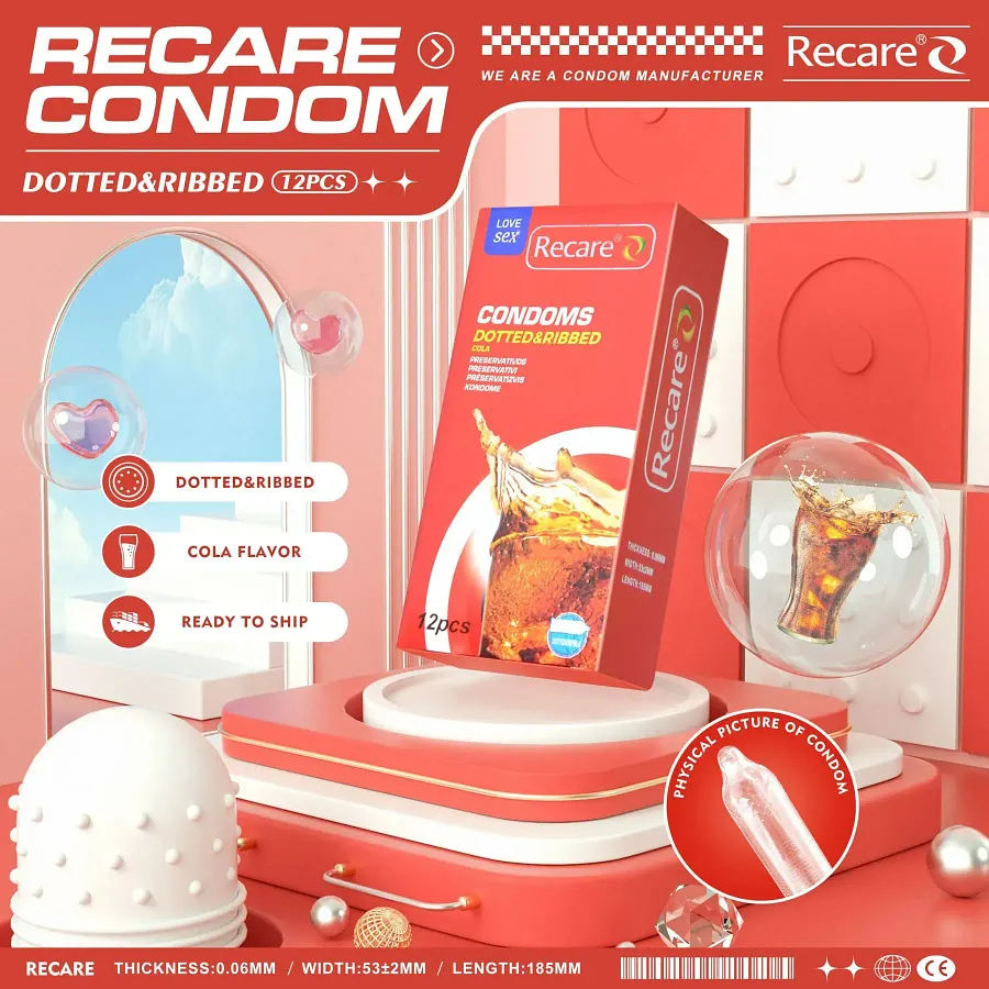 Презервативи Recare Cola Dotted&Ribbed Condoms 12 шт, з пухирцями та ребрами, аромат: Кола