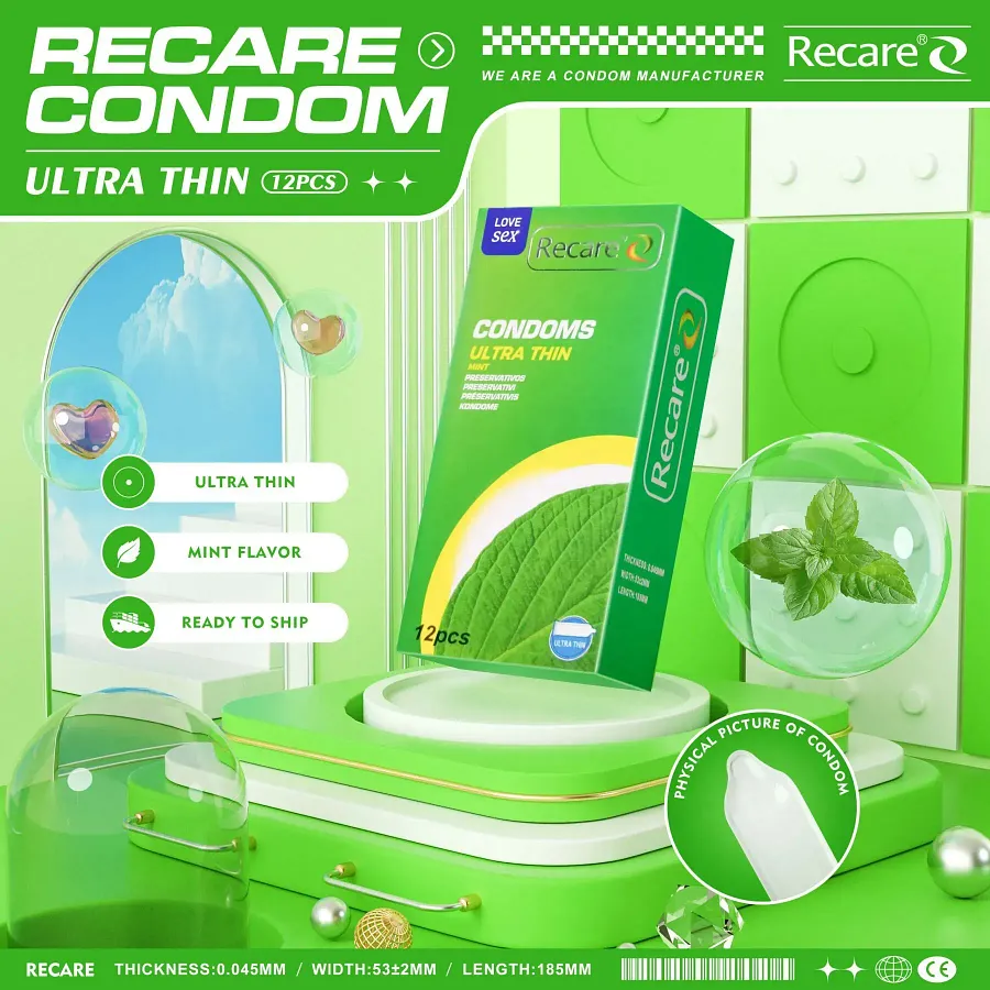 Презервативи Ultra Thin Mint Condoms Recare 12 шт, ультратонкі, аромат: м'ята