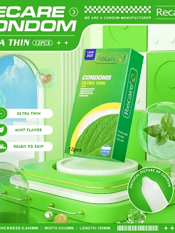 Презервативи Ultra Thin Mint Condoms Recare 12 шт, ультратонкі, аромат: м'ята