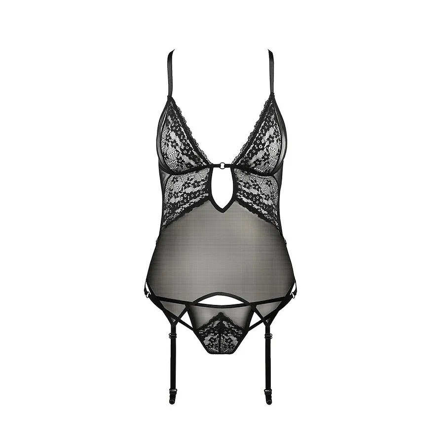 Корсет з декольте Passion ERZA CORSET , black, пажі, трусики, напівпрозорий