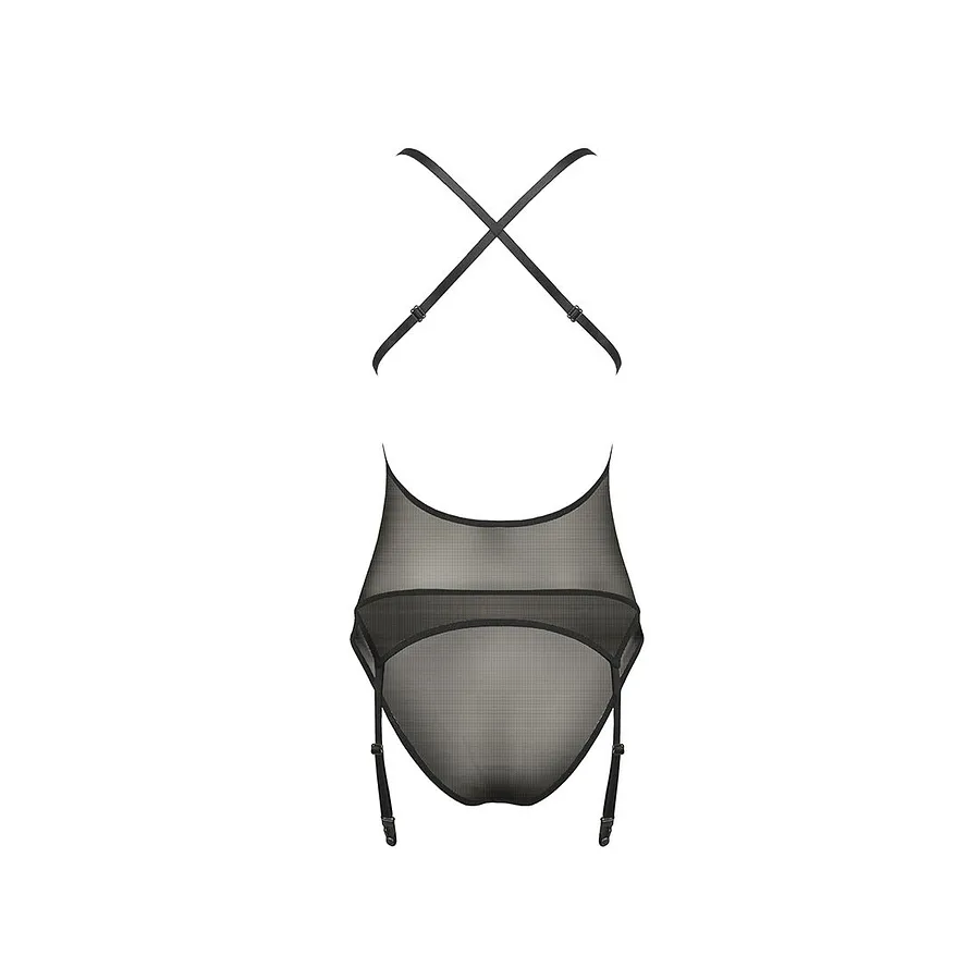 Корсет з декольте Passion ERZA CORSET , black, пажі, трусики, напівпрозорий