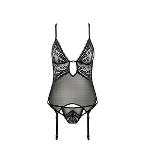 Корсет з декольте Passion ERZA CORSET , black, пажі, трусики, напівпрозорий